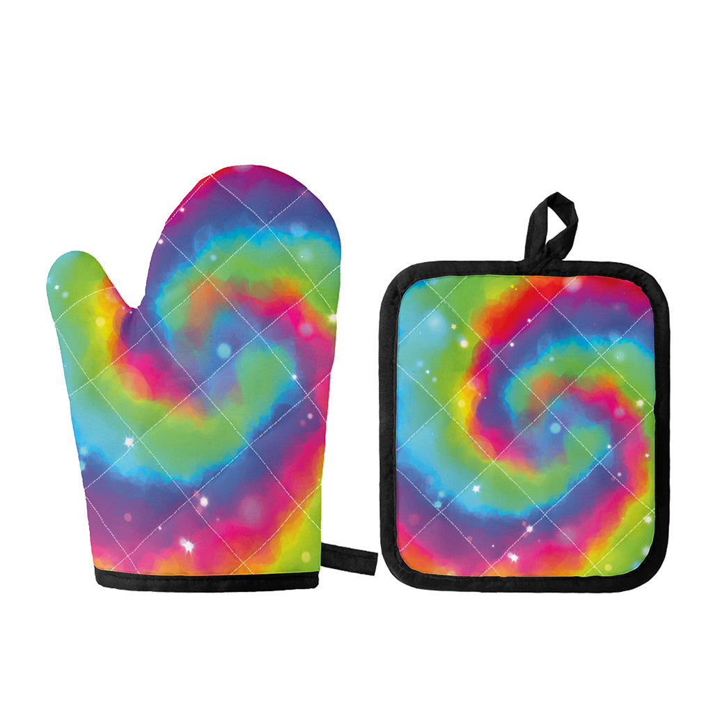 Rainbow Spiral Tie Dye Print Oven Mitt And Pot Holder Set