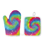 Rainbow Spiral Tie Dye Print Oven Mitt And Pot Holder Set