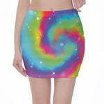 Rainbow Spiral Tie Dye Print Pencil Mini Skirt
