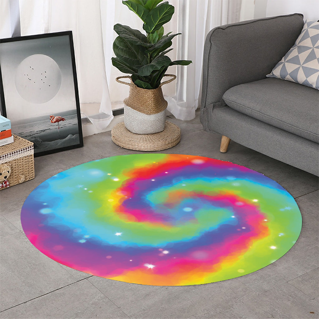 Rainbow Spiral Tie Dye Print Round Rug
