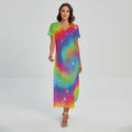 Rainbow Spiral Tie Dye Print Short Sleeve Maxi Dress