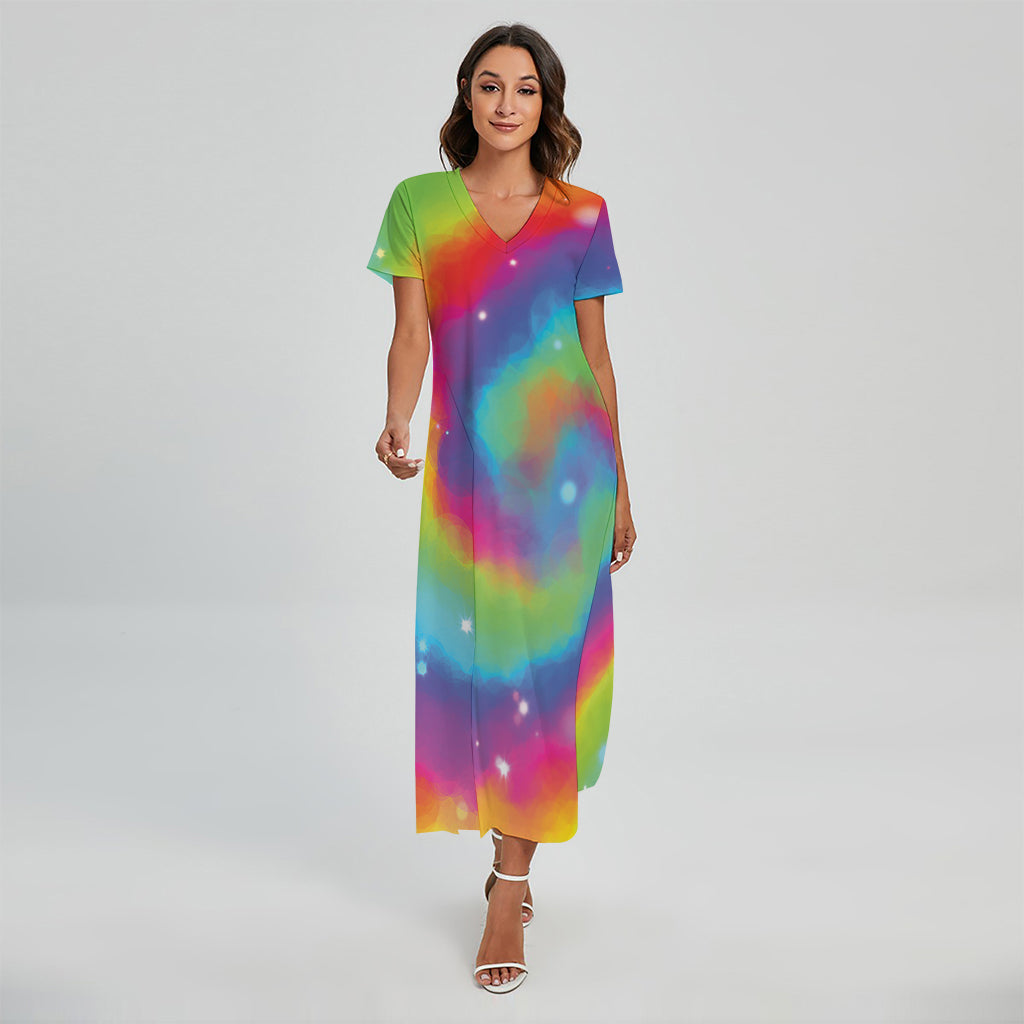 Rainbow Spiral Tie Dye Print Short Sleeve Maxi Dress