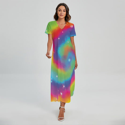 Rainbow Spiral Tie Dye Print Short Sleeve Maxi Dress