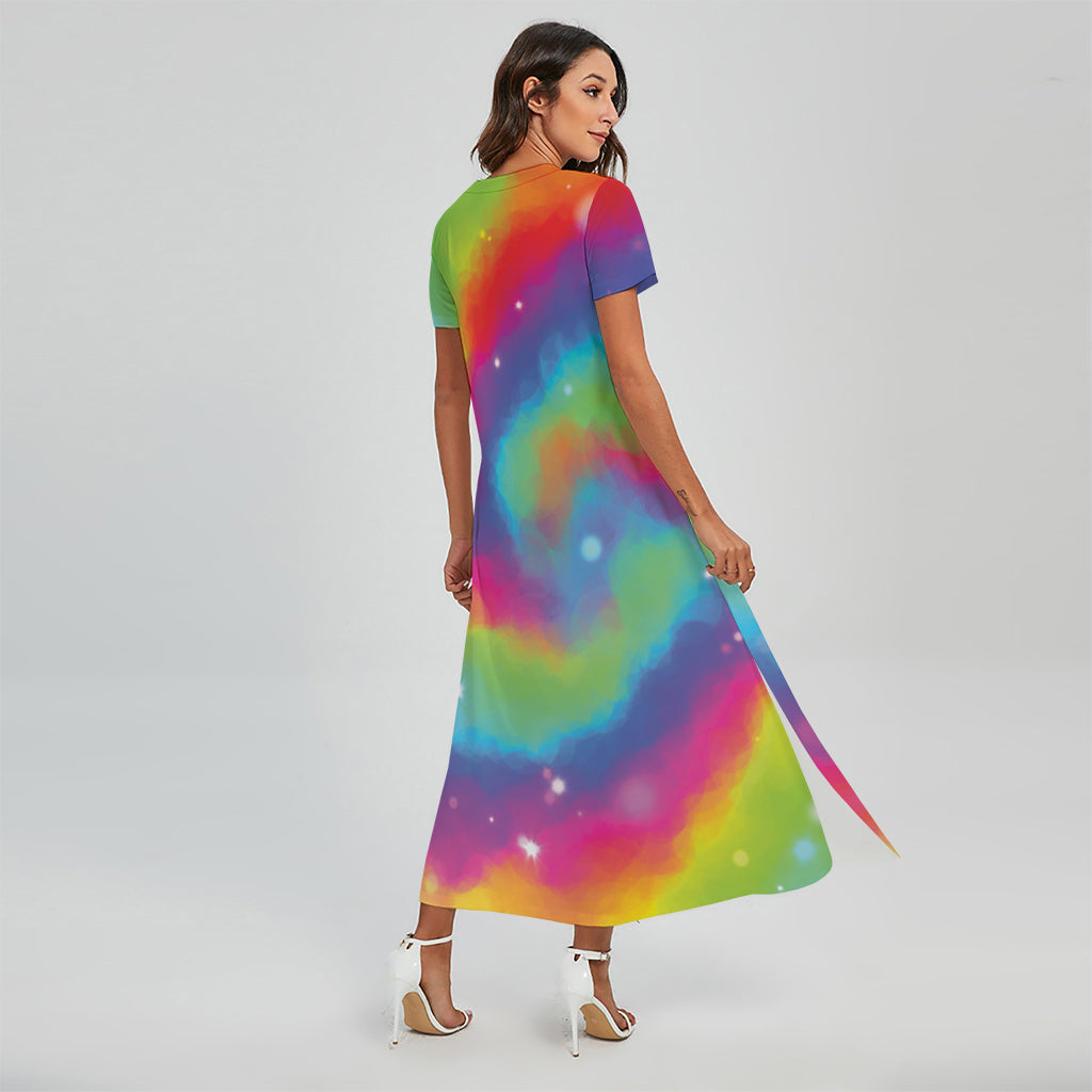 Rainbow Spiral Tie Dye Print Short Sleeve Maxi Dress