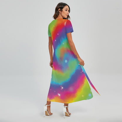 Rainbow Spiral Tie Dye Print Short Sleeve Maxi Dress