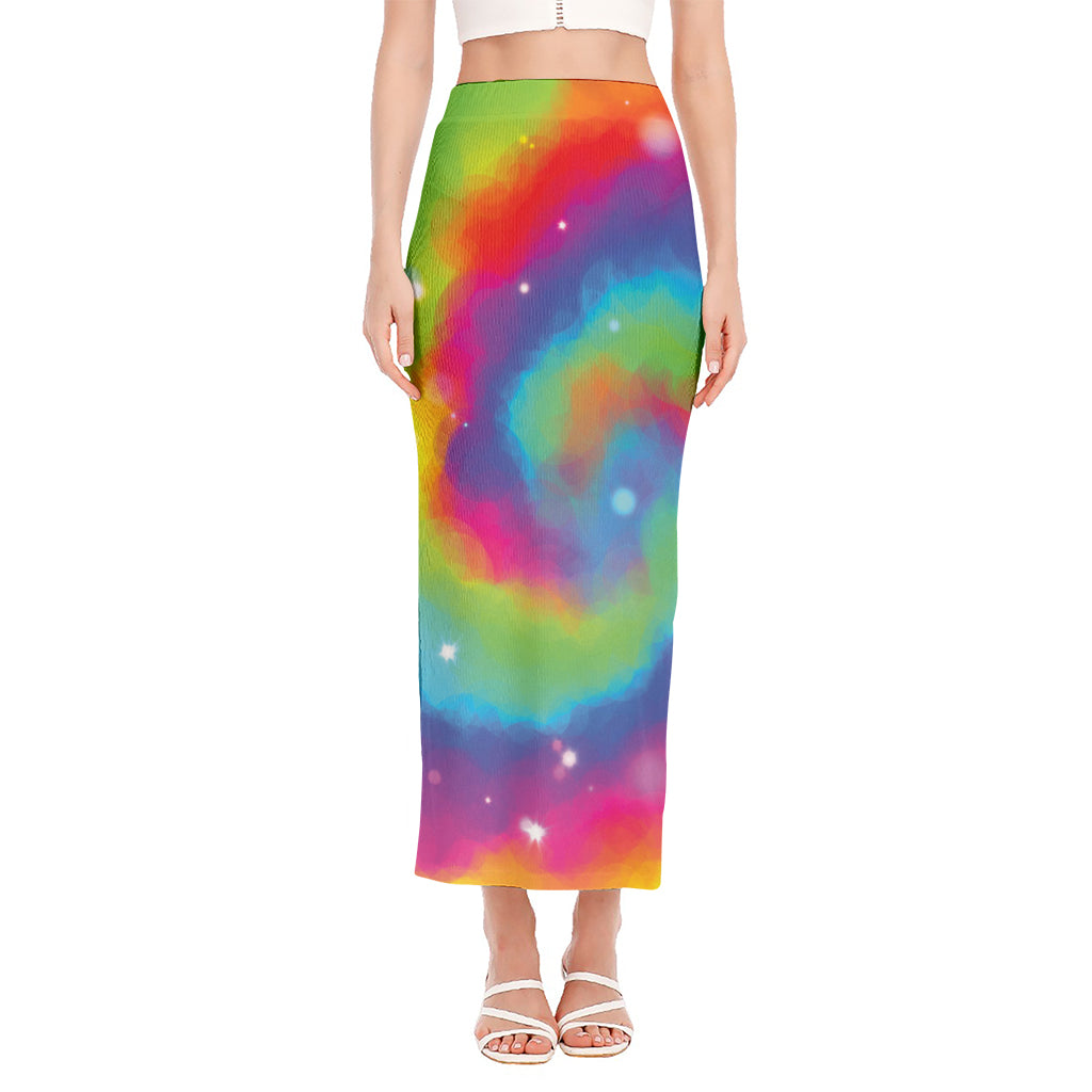 Rainbow Spiral Tie Dye Print Side Slit Maxi Skirt