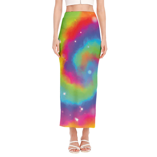 Rainbow Spiral Tie Dye Print Side Slit Maxi Skirt