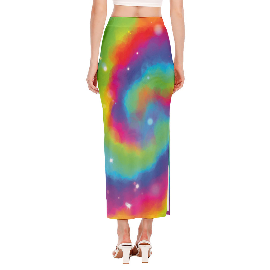 Rainbow Spiral Tie Dye Print Side Slit Maxi Skirt