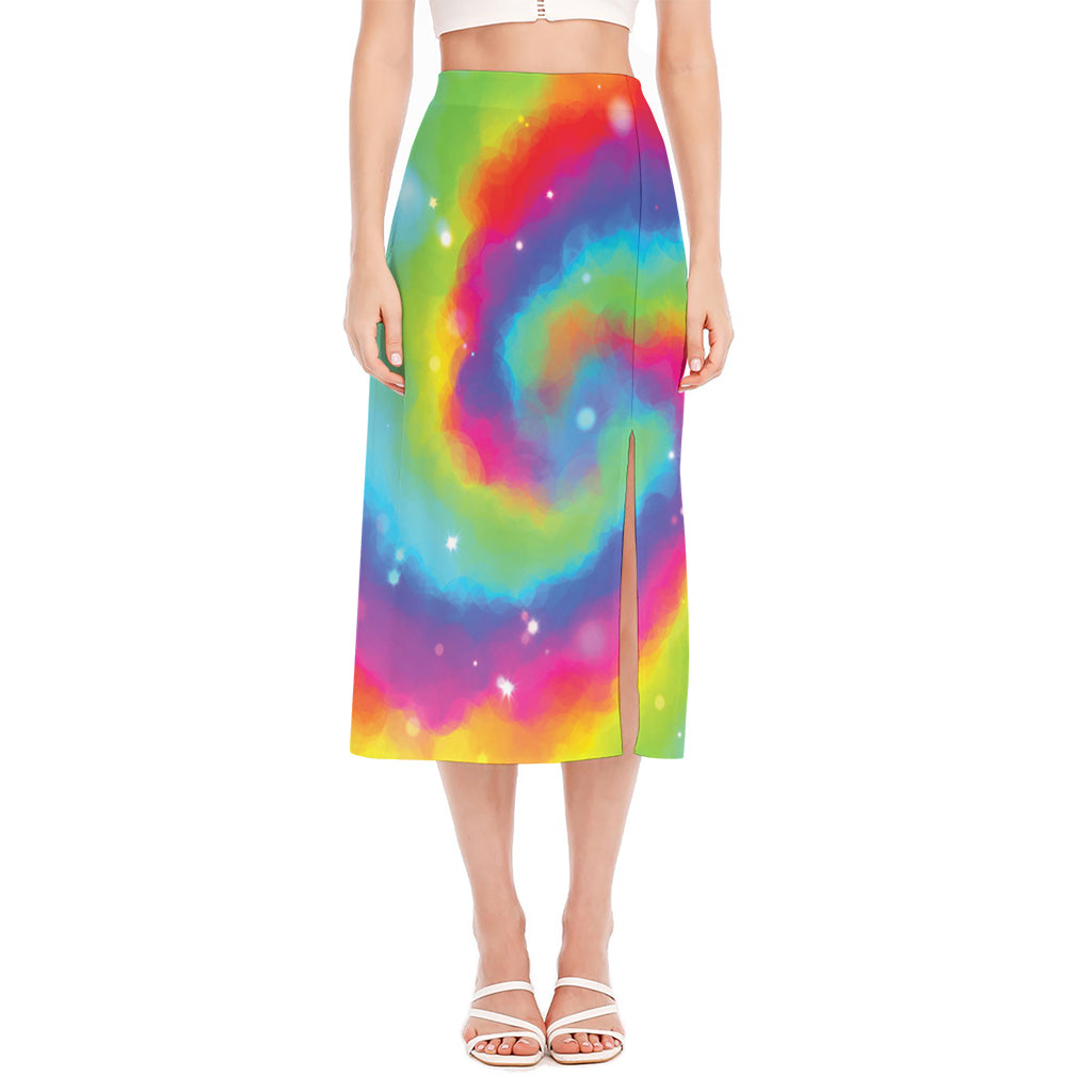 Rainbow Spiral Tie Dye Print Side Slit Midi Skirt
