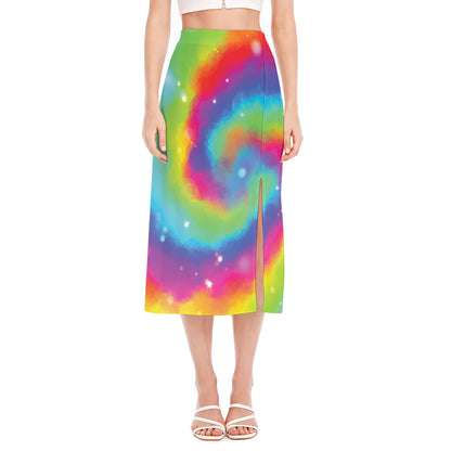 Rainbow Spiral Tie Dye Print Side Slit Midi Skirt