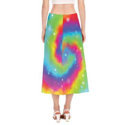 Rainbow Spiral Tie Dye Print Side Slit Midi Skirt