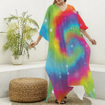 Rainbow Spiral Tie Dye Print Silk V-Neck Kaftan Dress