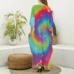 Rainbow Spiral Tie Dye Print Silk V-Neck Kaftan Dress