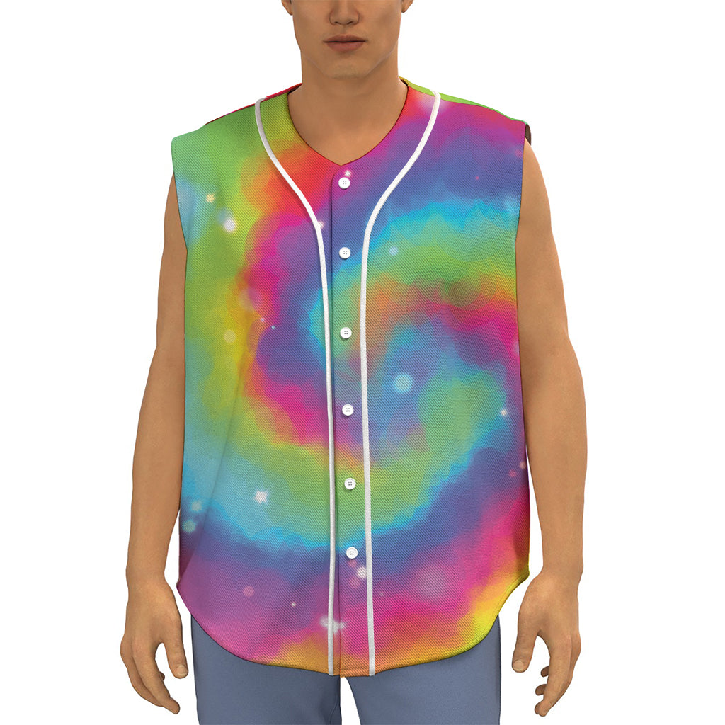 Rainbow Spiral Tie Dye Print Sleeveless Baseball Jersey