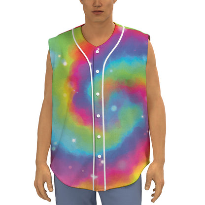 Rainbow Spiral Tie Dye Print Sleeveless Baseball Jersey