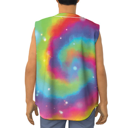 Rainbow Spiral Tie Dye Print Sleeveless Baseball Jersey