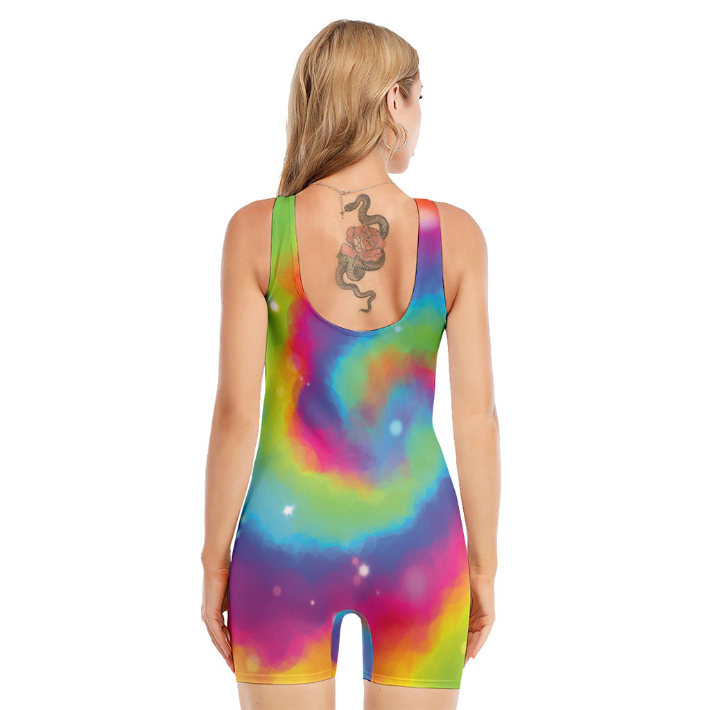 Rainbow Spiral Tie Dye Print Sleeveless One Piece Swimsuit