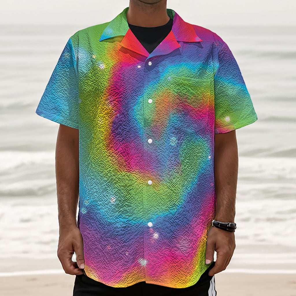 Rainbow Spiral Tie Dye Print Textured Short Sleeve Shirt