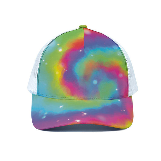 Rainbow Spiral Tie Dye Print White Mesh Trucker Cap