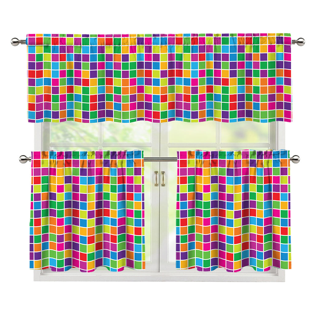 Rainbow Squares Pattern Print 3 Piece Kitchen Curtains