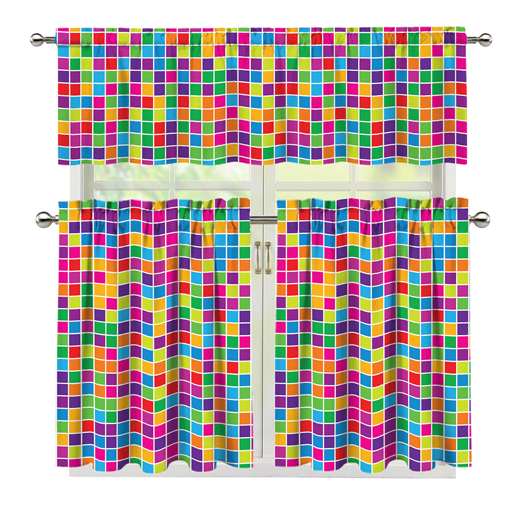 Rainbow Squares Pattern Print 3 Piece Kitchen Curtains