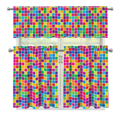 Rainbow Squares Pattern Print 3 Piece Kitchen Curtains