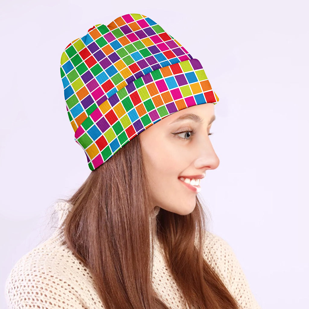 Rainbow Squares Pattern Print Beanie