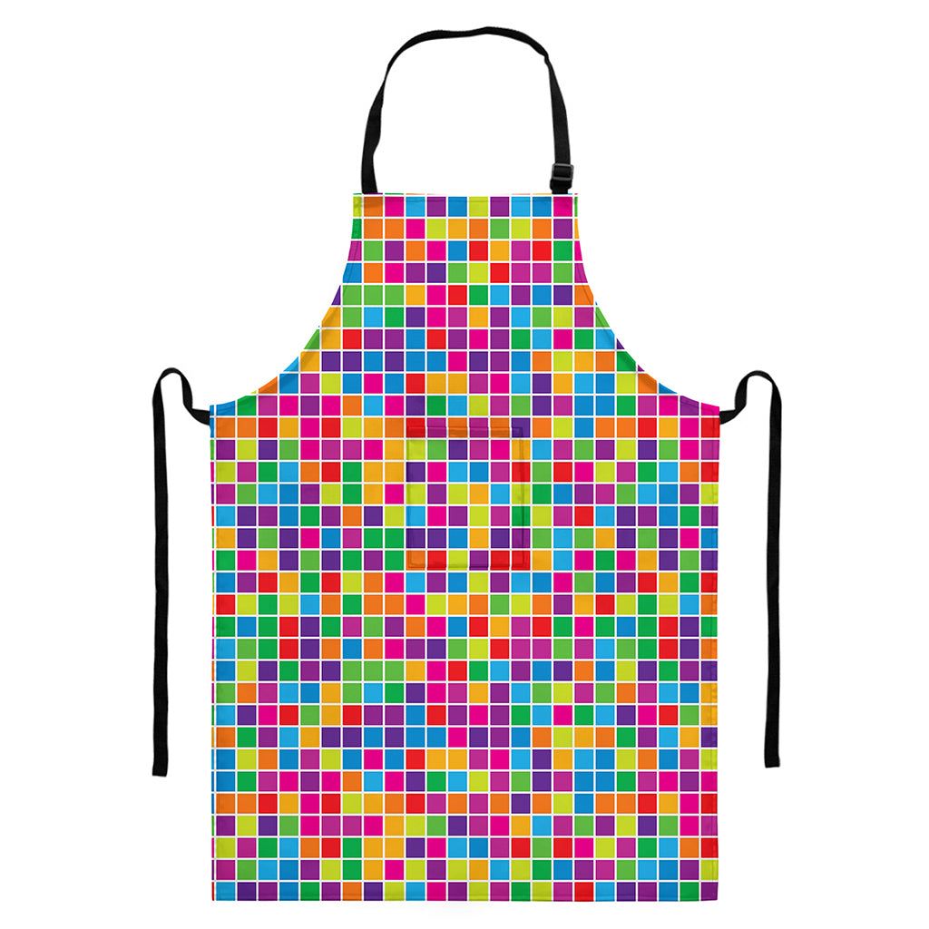 Rainbow Squares Pattern Print Bib Apron With Pocket