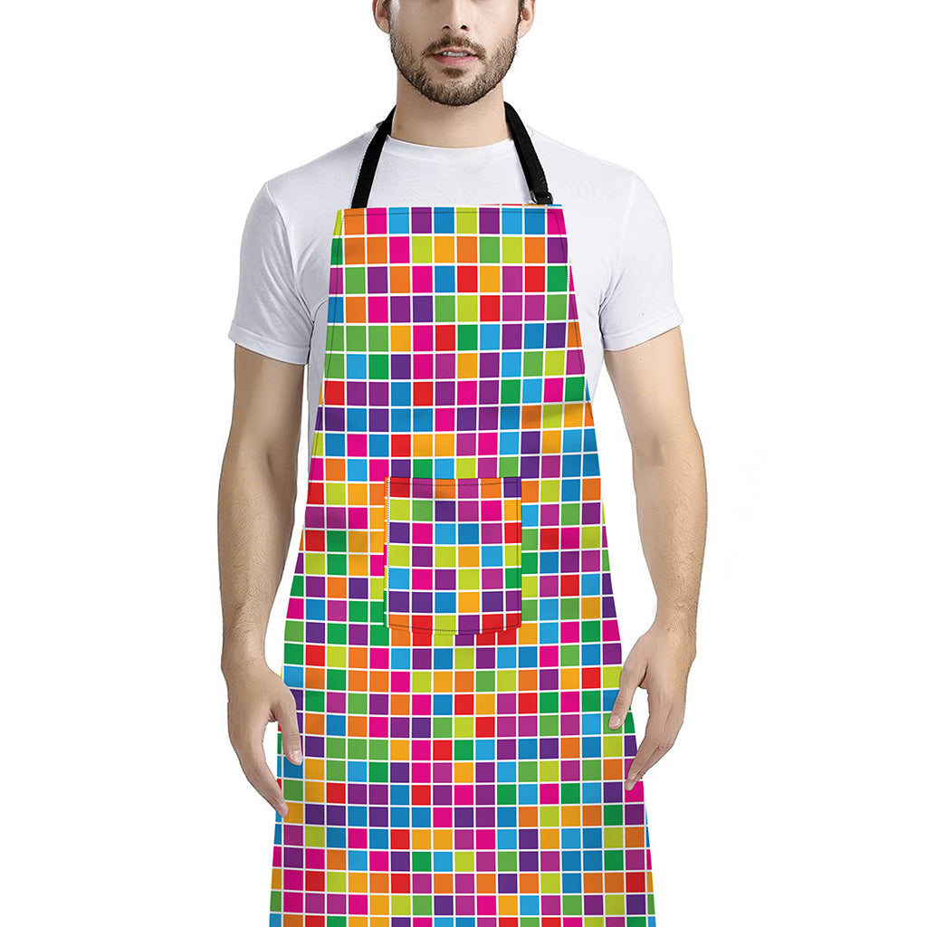 Rainbow Squares Pattern Print Bib Apron With Pocket