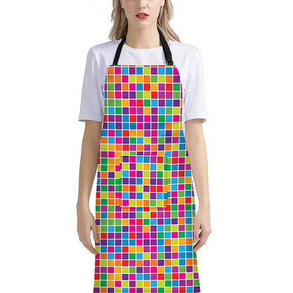 Rainbow Squares Pattern Print Bib Apron With Pocket