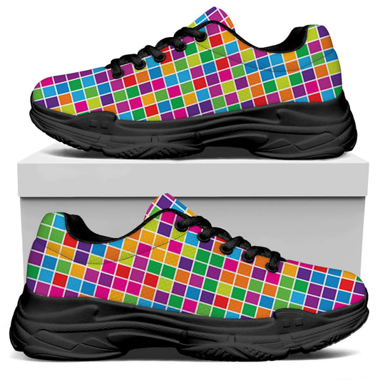 Rainbow Squares Pattern Print Black Chunky Shoes