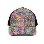 Rainbow Squares Pattern Print Black Mesh Trucker Cap