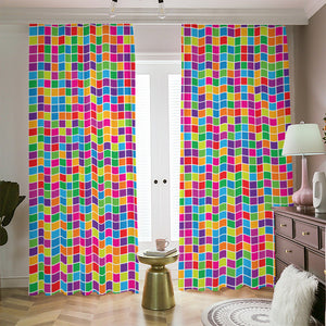 Rainbow Squares Pattern Print Blackout Pencil Pleat Curtains