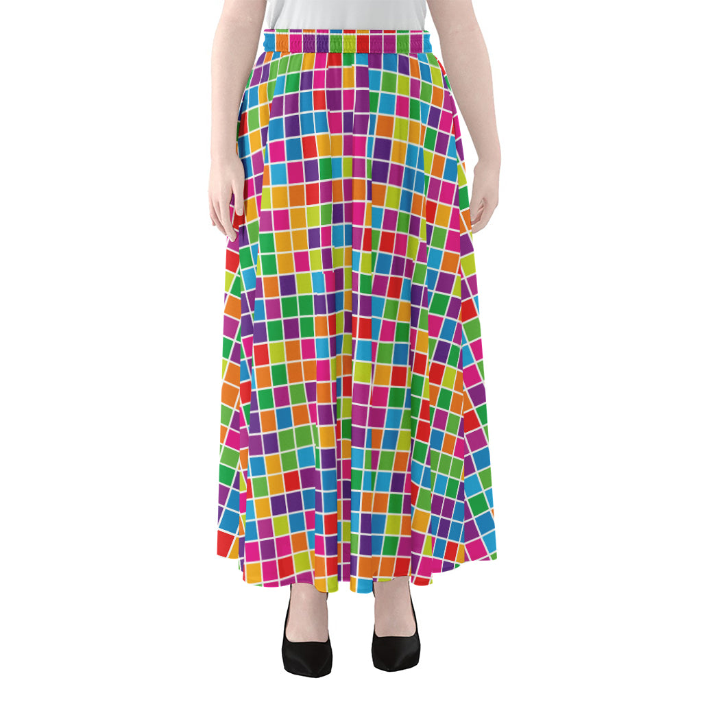 Rainbow Squares Pattern Print Chiffon Maxi Skirt