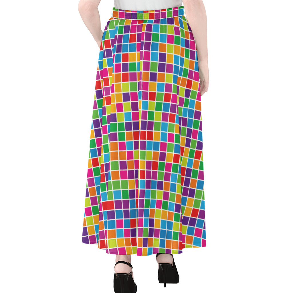 Rainbow Squares Pattern Print Chiffon Maxi Skirt