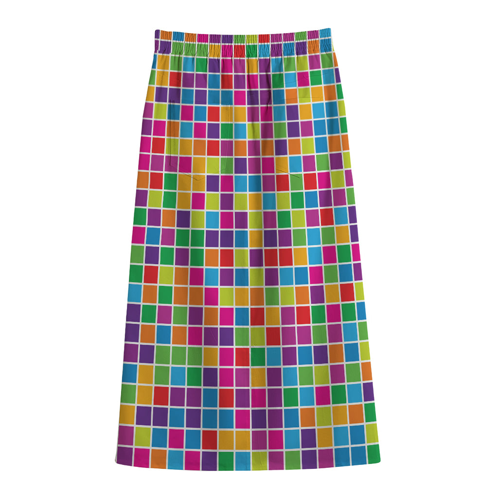 Rainbow Squares Pattern Print Cotton Front Slit Maxi Skirt