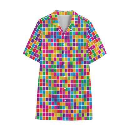 Rainbow Squares Pattern Print Cotton Hawaiian Shirt