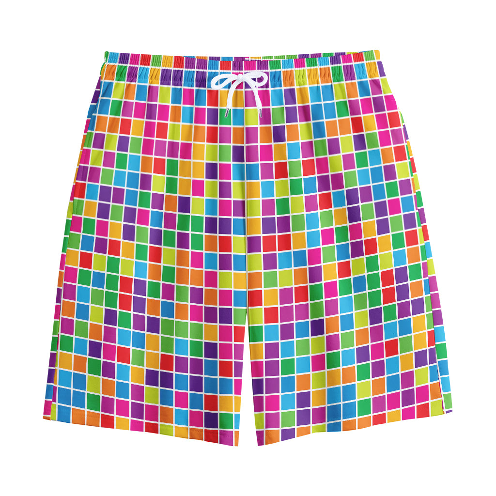Rainbow Squares Pattern Print Cotton Shorts