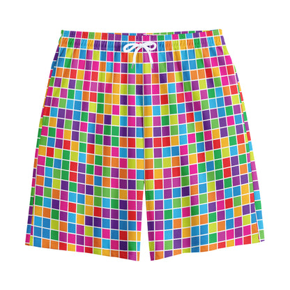 Rainbow Squares Pattern Print Cotton Shorts