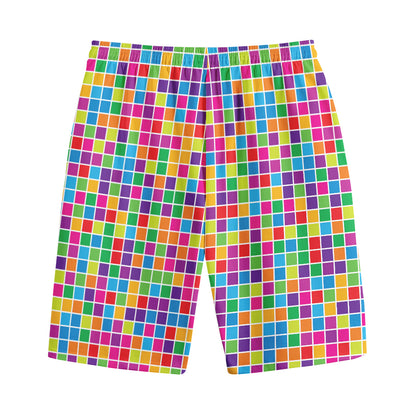 Rainbow Squares Pattern Print Cotton Shorts