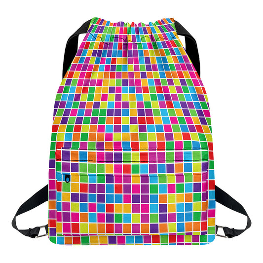 Rainbow Squares Pattern Print Drawstring Backpack