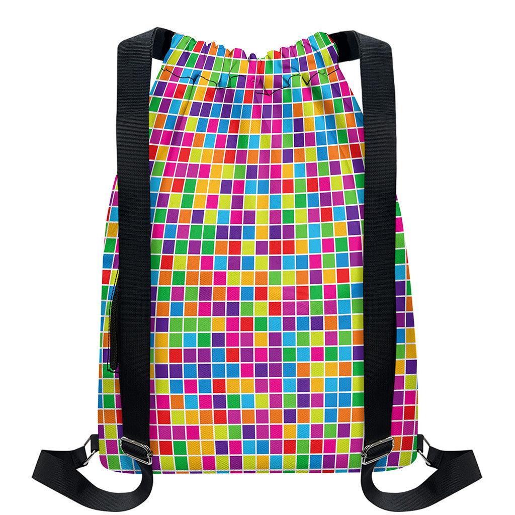 Rainbow Squares Pattern Print Drawstring Backpack