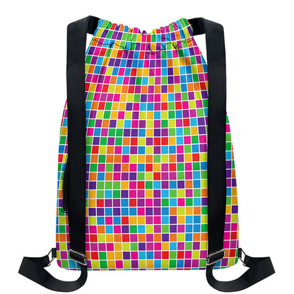 Rainbow Squares Pattern Print Drawstring Backpack