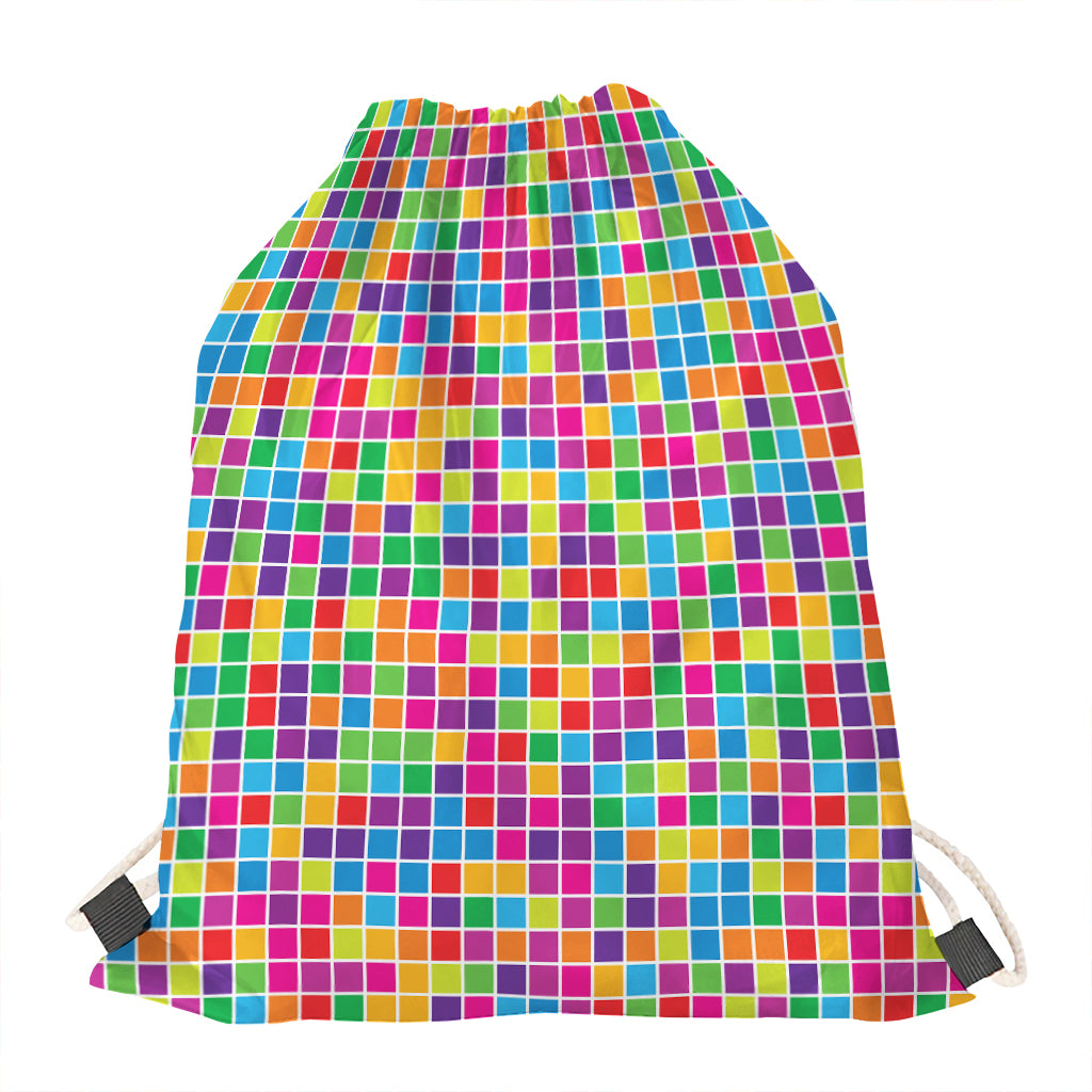 Rainbow Squares Pattern Print Drawstring Bag