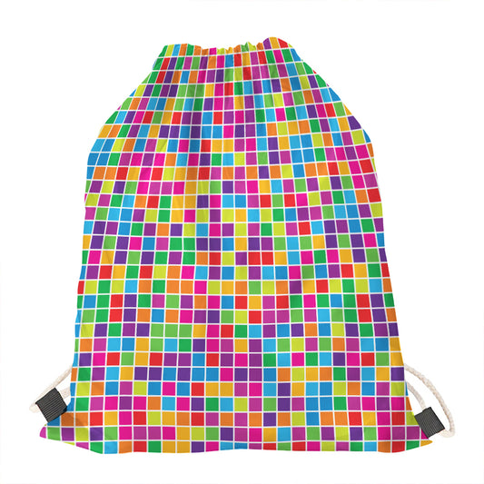 Rainbow Squares Pattern Print Drawstring Bag