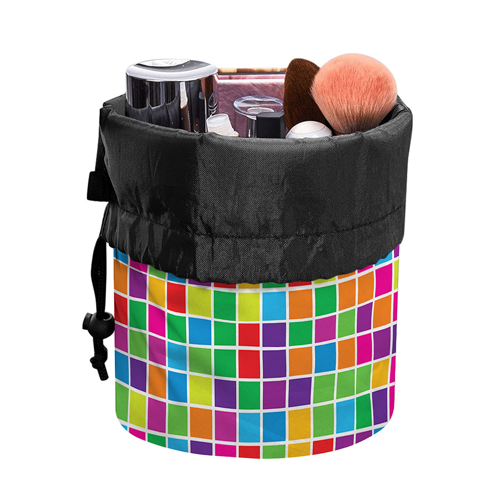Rainbow Squares Pattern Print Drawstring Makeup Bag