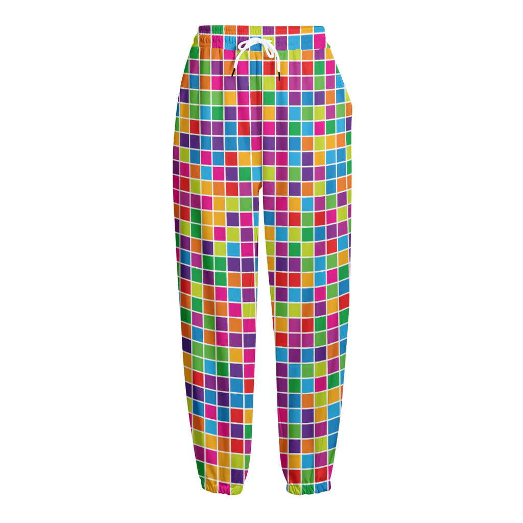 Rainbow Squares Pattern Print Fleece Lined Knit Pants