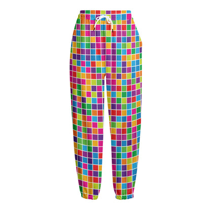 Rainbow Squares Pattern Print Fleece Lined Knit Pants