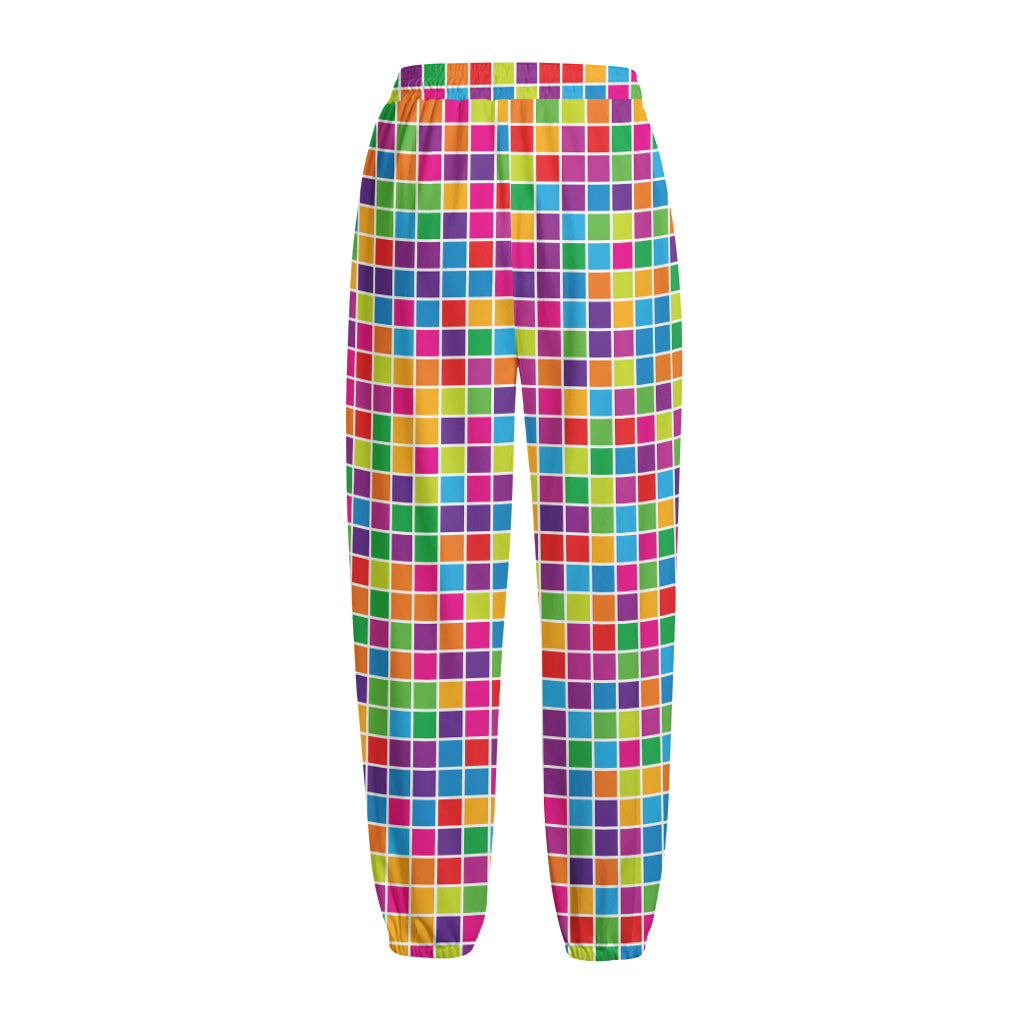 Rainbow Squares Pattern Print Fleece Lined Knit Pants