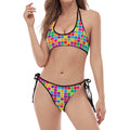 Rainbow Squares Pattern Print Halter Scoop Tie Side Bikini